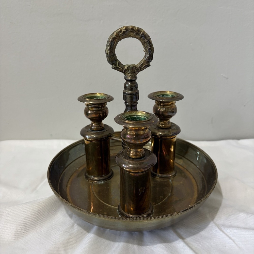 Vintage Neiman Marcus Brass Candlestick Holder Trio Candelabra Handle Hong Kong